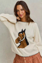 SO ME Horse Sweater Top Ivory Knit with Blanket Stitch Long Sleeve 06cba1fec8af4be58e4df157f0f22354-Max-Origin Trendsi