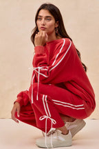 BiBi Womens Fleece Sweatpants Red Side Lined Bow Details Pocketed 06cca347586f488bbc7a25ef4ad10eee-Max-Origin Trendsi