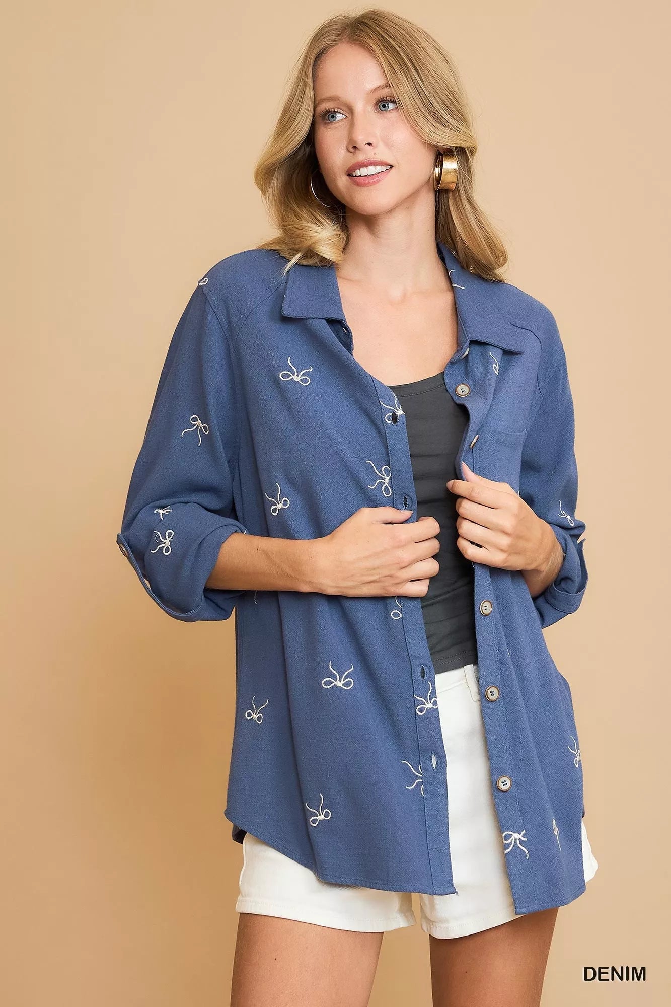 Umgee Shirt Linen Blend Fitted with Ribbon Embroidery Denim Blue Top 06d9e39d-494e-4d1c-a90c-76f2839f731d-Max-Origin Trendsi