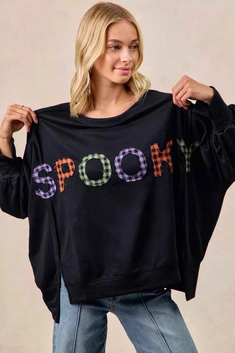 BiBi Women Sweatshirt Oversized Black Spook Plaid Letter Print Long Sleeve Top 06e1a05e22fa459cb4291e968e6d30b5-Max-Origin Trendsi