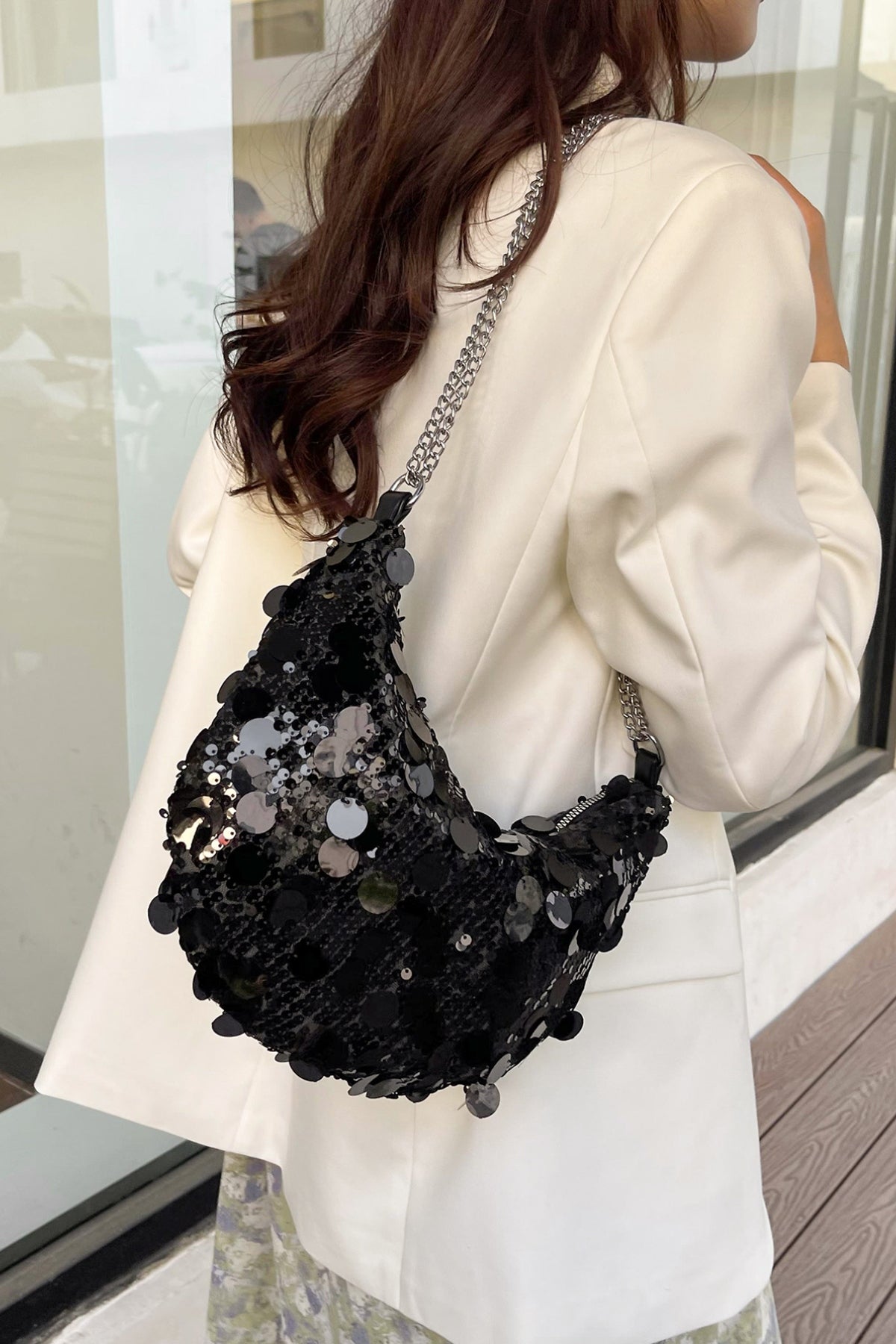 Sequin Chain Strap Crossbody Bag Women Small Zipper Beaded Purses