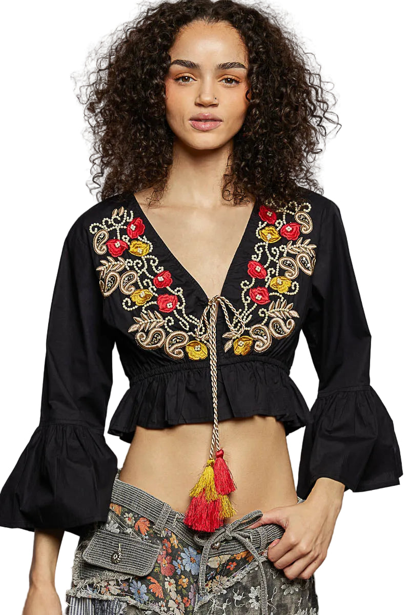POL Floral Embroidered Cropped Blouse