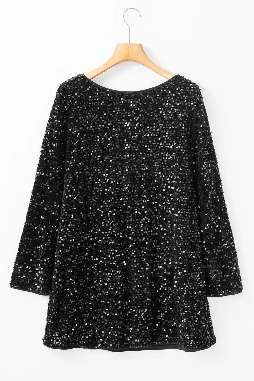 Sequin Mini Dress Bow Back Black Sparkle Round Neck Long Sleeve 06eb9ca0-8a3c-434b-ab49-81fc7a67d93c-Max Trendsi