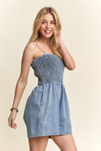 ADORA USA Denim Short Romper Smocked Spaghetti Strap Blue Pocketed 06ff631e-4d7d-4ce5-8b8c-fe67ccb0d3ef-Max Trendsi