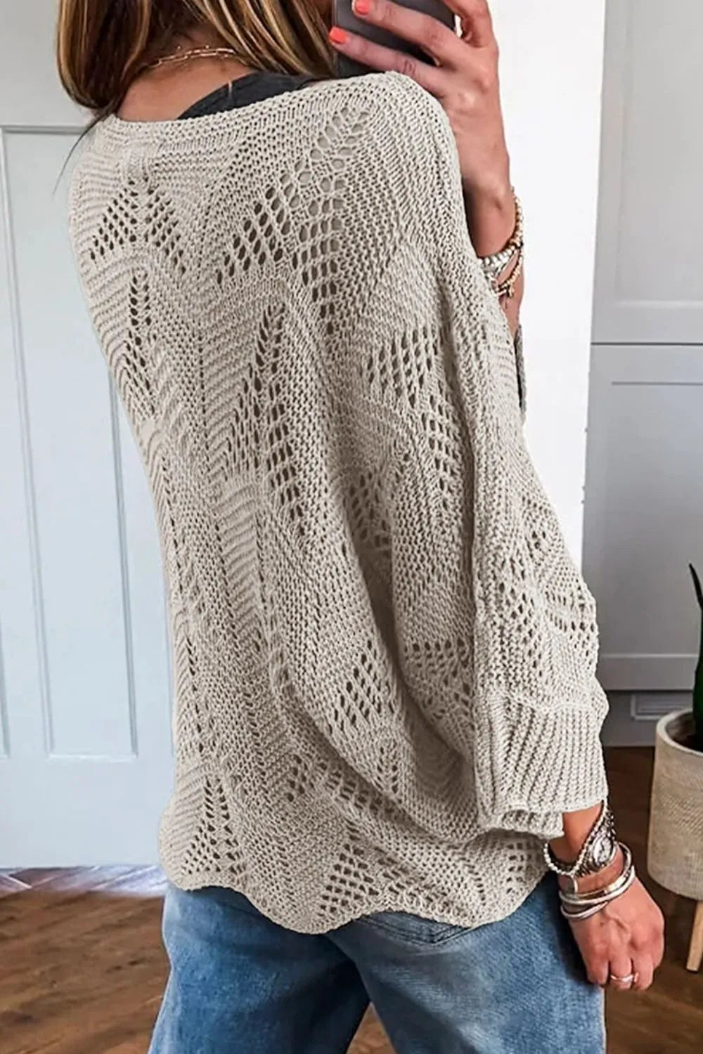 Women's Knit Top Openwork Round Neck Long Sleeve Oversized Pullover 07006343-331e-4739-96fc-f9cbbb788e35-Max-Origin Trendsi