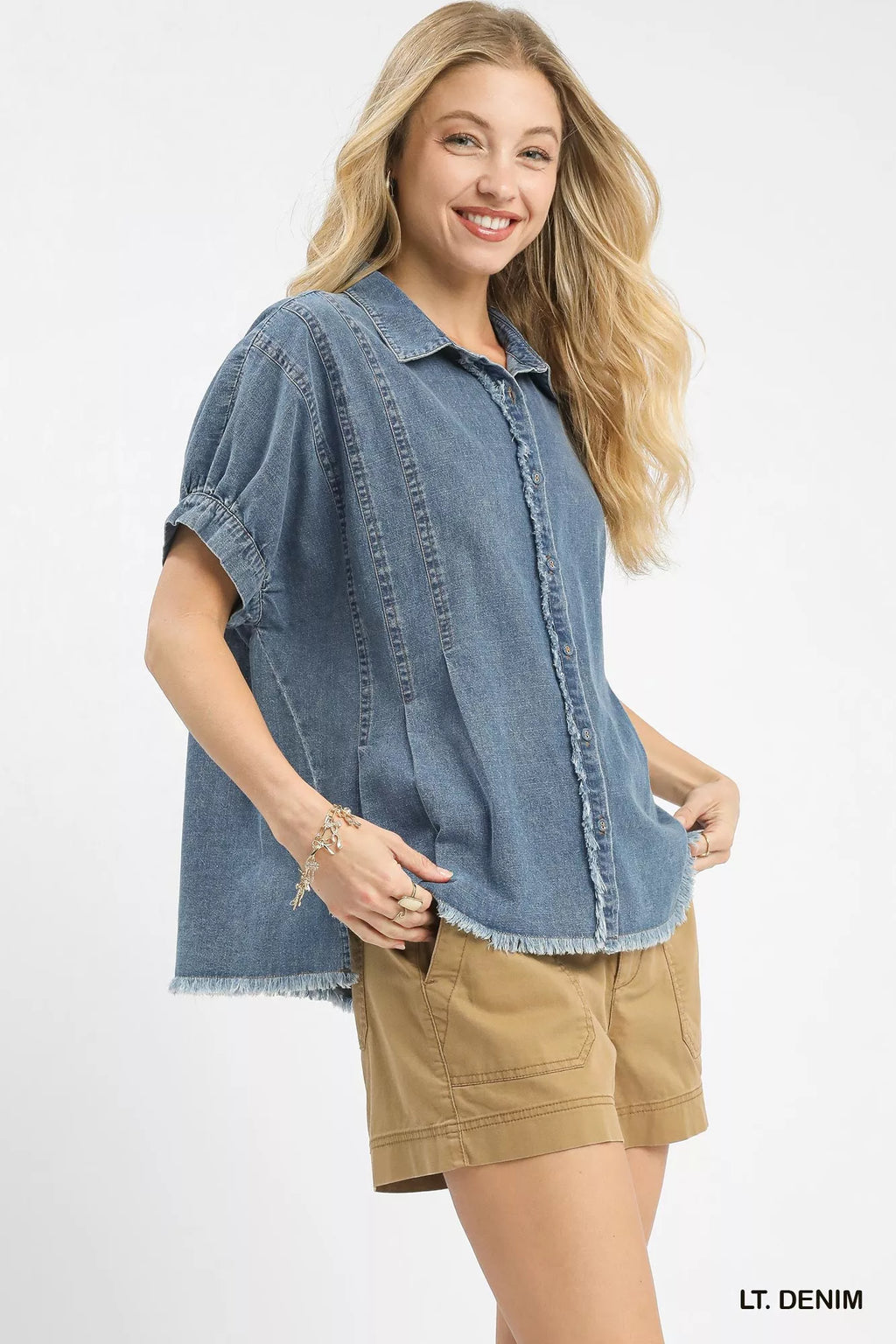Umgee Womens Blouse Washed Light Blue Denim Oversized Top 07083ced-78ed-4c49-b2a9-3ad788a4c0ee-Max-Origin Trendsi