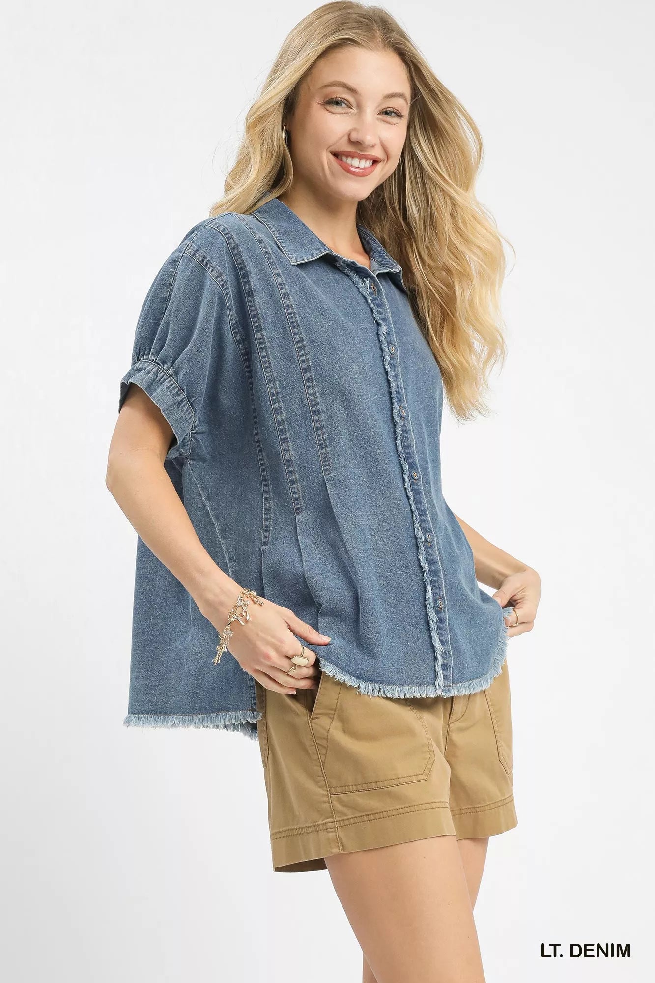 Umgee Womens Blouse Washed Light Blue Denim Oversized Top 07083ced-78ed-4c49-b2a9-3ad788a4c0ee-Max-Origin Trendsi