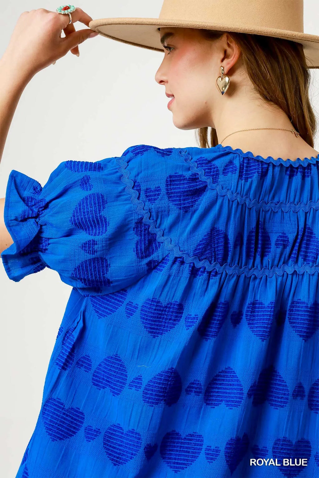 Umgee Babydoll Dress Royal Blue Heart Pattern Short Sleeve Ruffle 070b41a1-ae7f-4e9c-ba23-2c6306d21d87-Max-Origin Trendsi