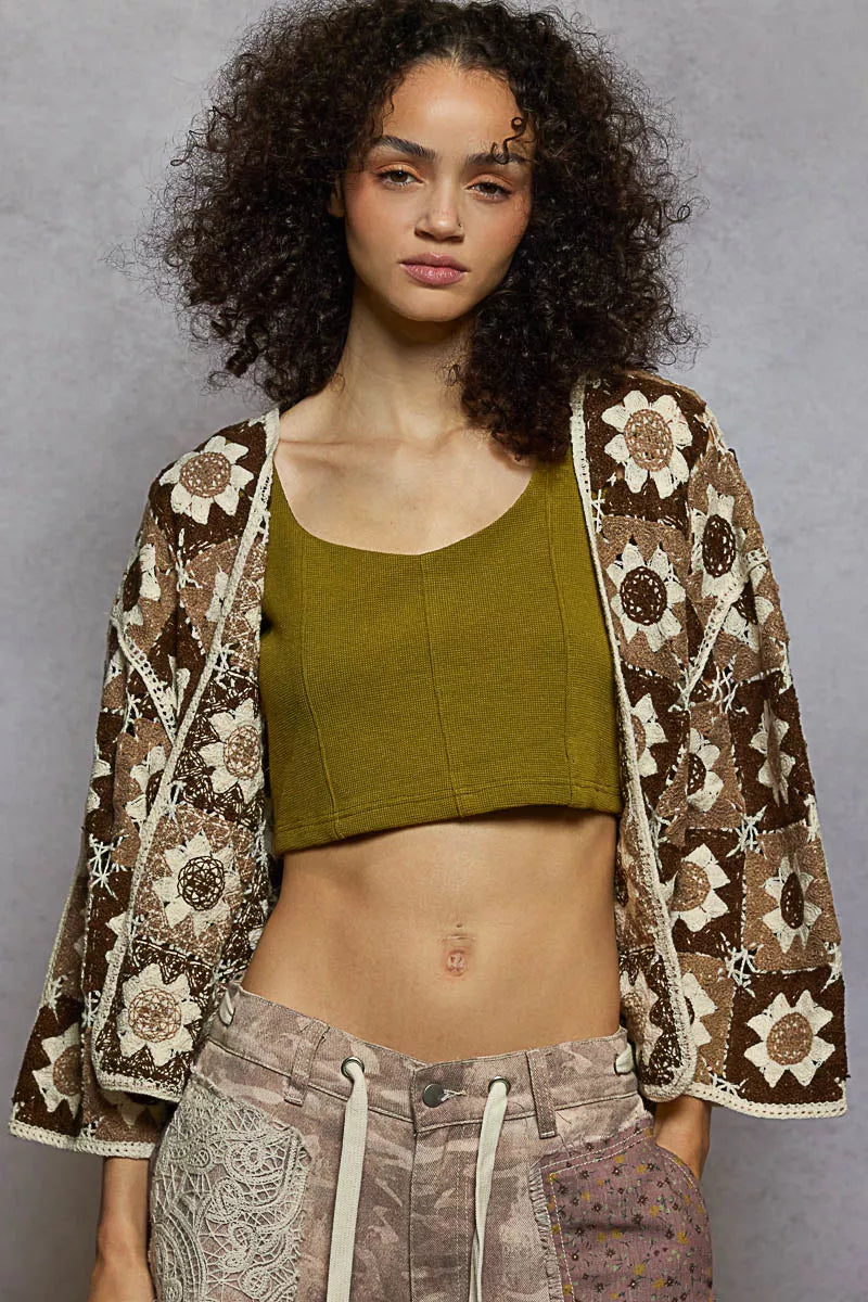 POL Crochet Cardigan Choco Multi Floral Geometric Open Front with Varied Patterns 07119621-6139-4073-ac04-a9c0bec33ee6-Max-Origin Trendsi