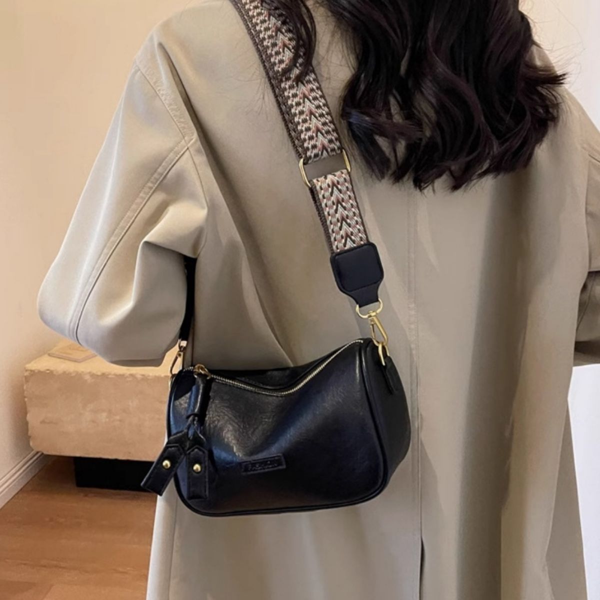 Wide Strap Crossbody Bag - Small PU Leather Shoulder Bag, Imported