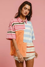 BiBi Women Shirt Mix And Match Stripe Color Block Short Sleeve Top 0719a62aab094b738c7c0ec843e455af-Max-Origin Trendsi