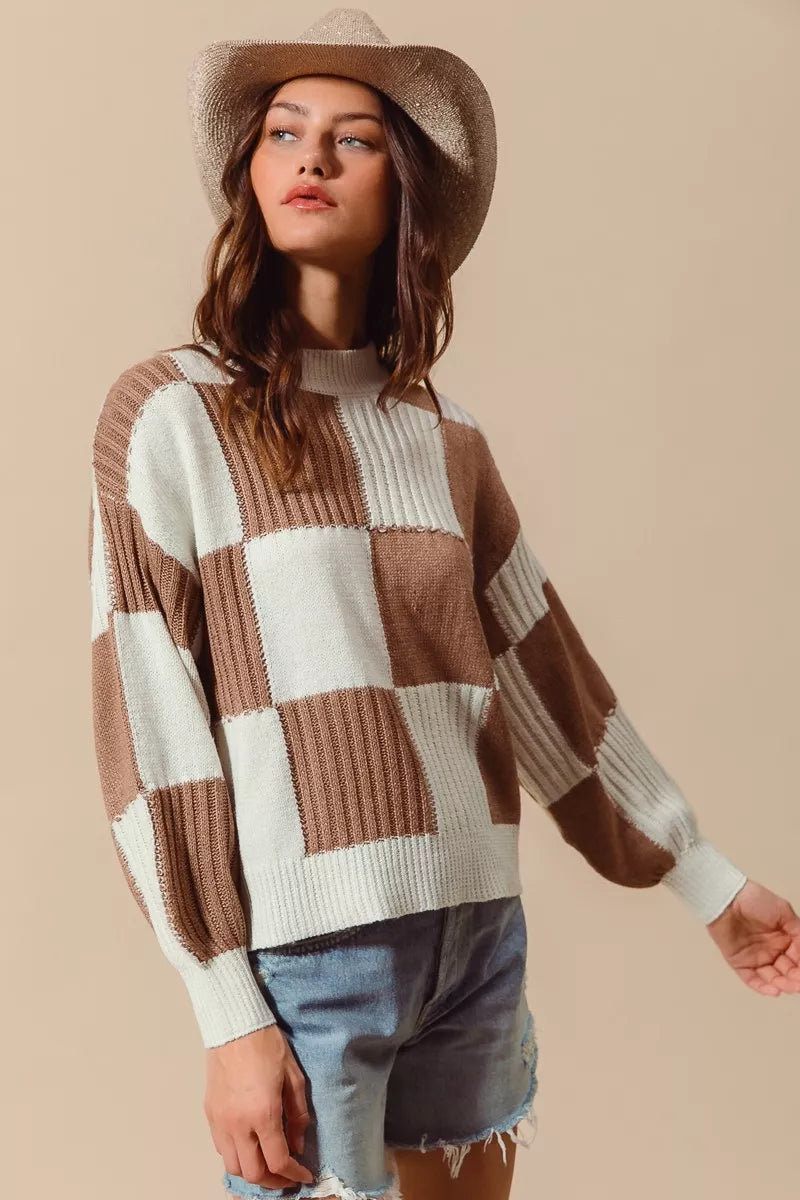 SO ME Ribbed Color Block Checkered Plaid Sweater 071b079ed1524152a8aa0e620c1f6223-Max-Origin Trendsi