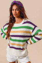 SO ME Sweater Knit Ivory Mardi Gras Color Stripe Long Sleeve Top 071bd3ceddf546dfa88675710861136b-Max-Origin Trendsi