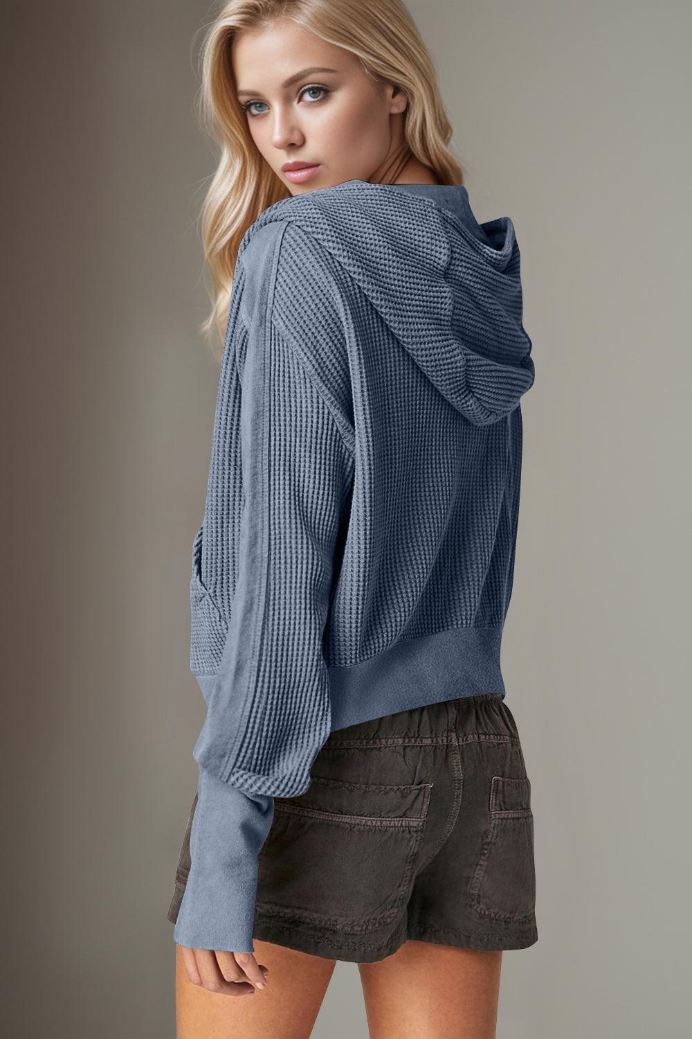 Double Take Hooded Jacket Waffle-Knit Zip Up Long Sleeve 072593d2-3489-4fbf-beef-5a2c7e694bde-Max Trendsi