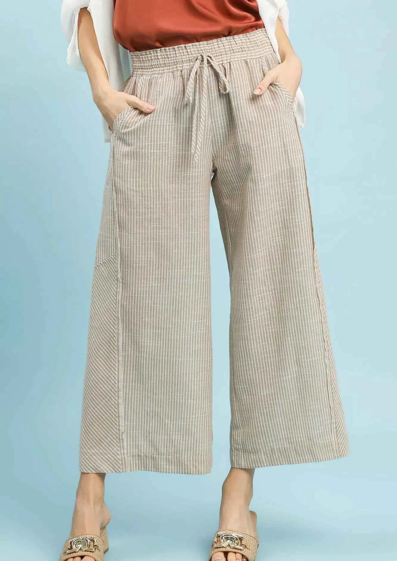 Umgee Wide Leg Pants Tan Striped Linen Blend Drawstring Waist Pocketed TAN 0736c0b4-3213-4e91-959a-694f890ee515-Max-Origin Trendsi