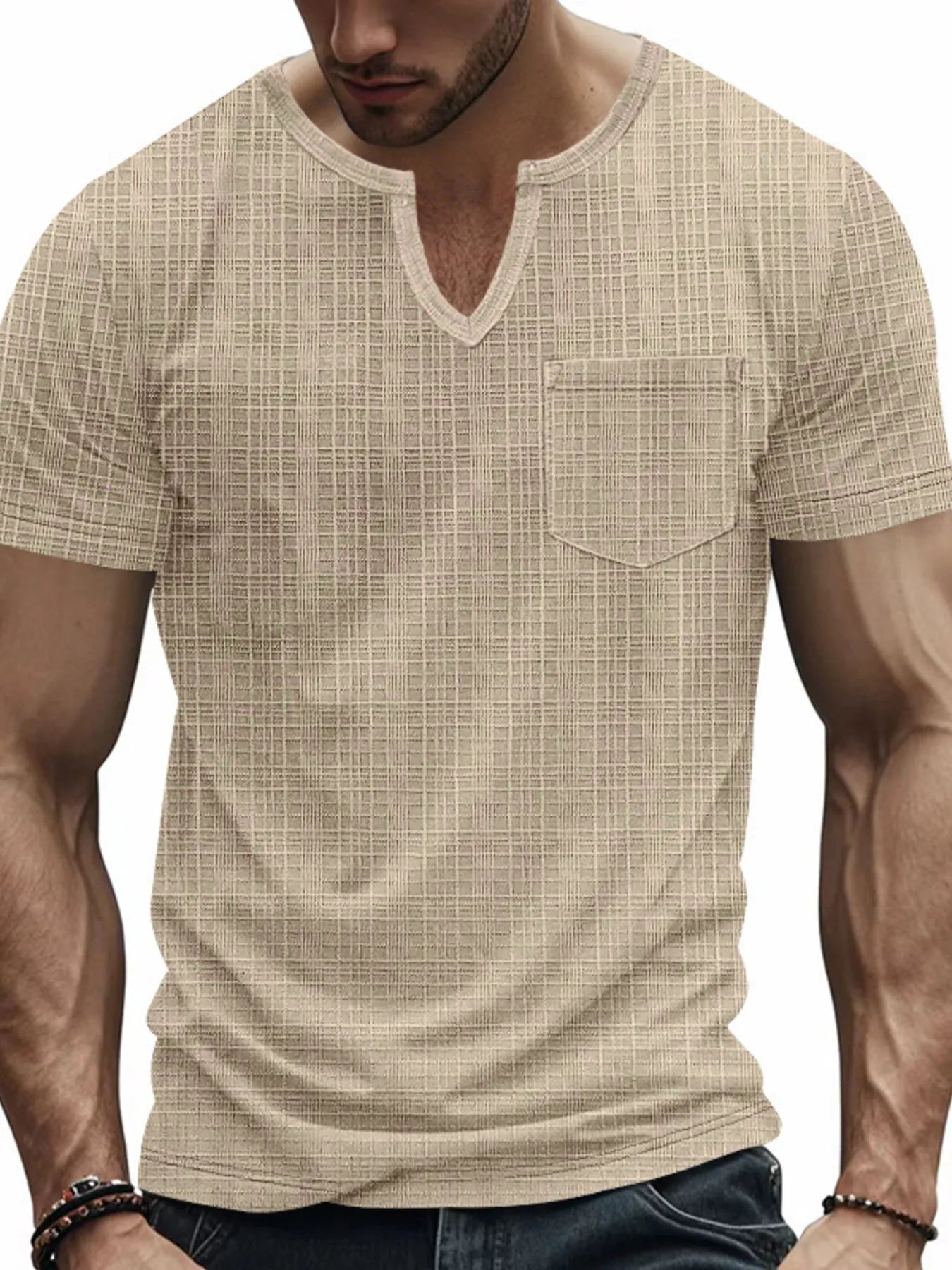 Men's T-Shirt Textured Notched Short Sleeve Pocketed Summer Top Khaki 073f940d2fc74c92ab15adc09545858d-Max-Origin Trendsi