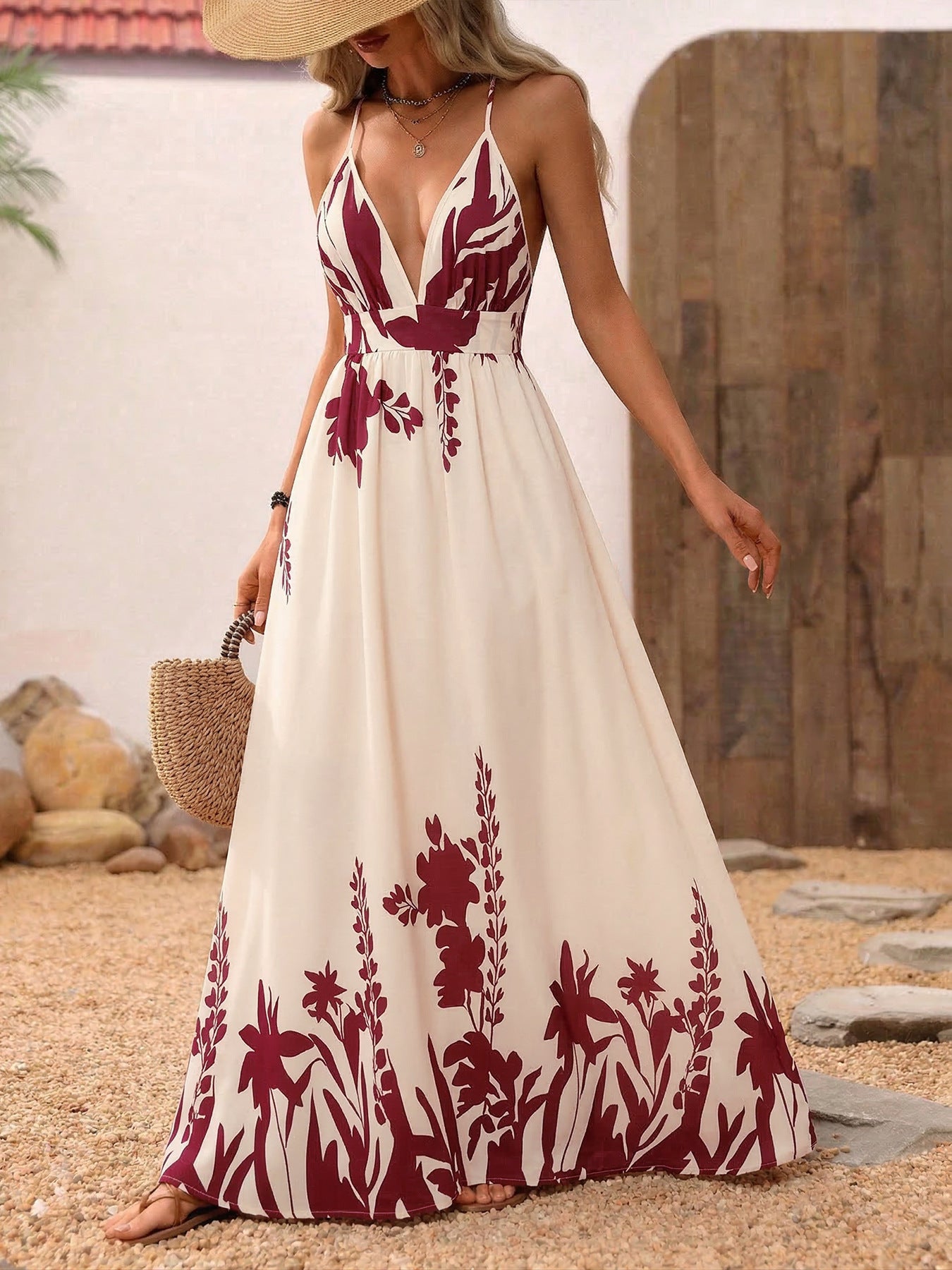Deep V-Neck Maxi Dress with Spaghetti Straps