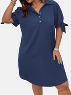 Navy Shift Dress Mini Button Detail with Tie Short Sleeves 074b7bea2070417195134ec8362ea98b-Max-Origin Trendsi
