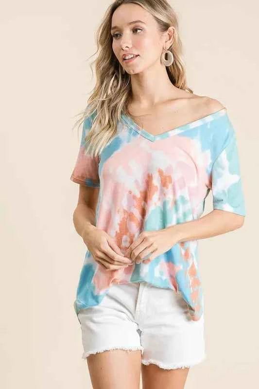 BiBi T-shirt Tie Dye Print Pink Mint Circular V Neck Top Short Sleeve 07608bb543fc47efab4a397ff502ae16-Max-Origin Trendsi