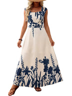 Printed Square Neck Maxi Dress with Zipper, Slight Stretch, and Polyester-Elastane Blend