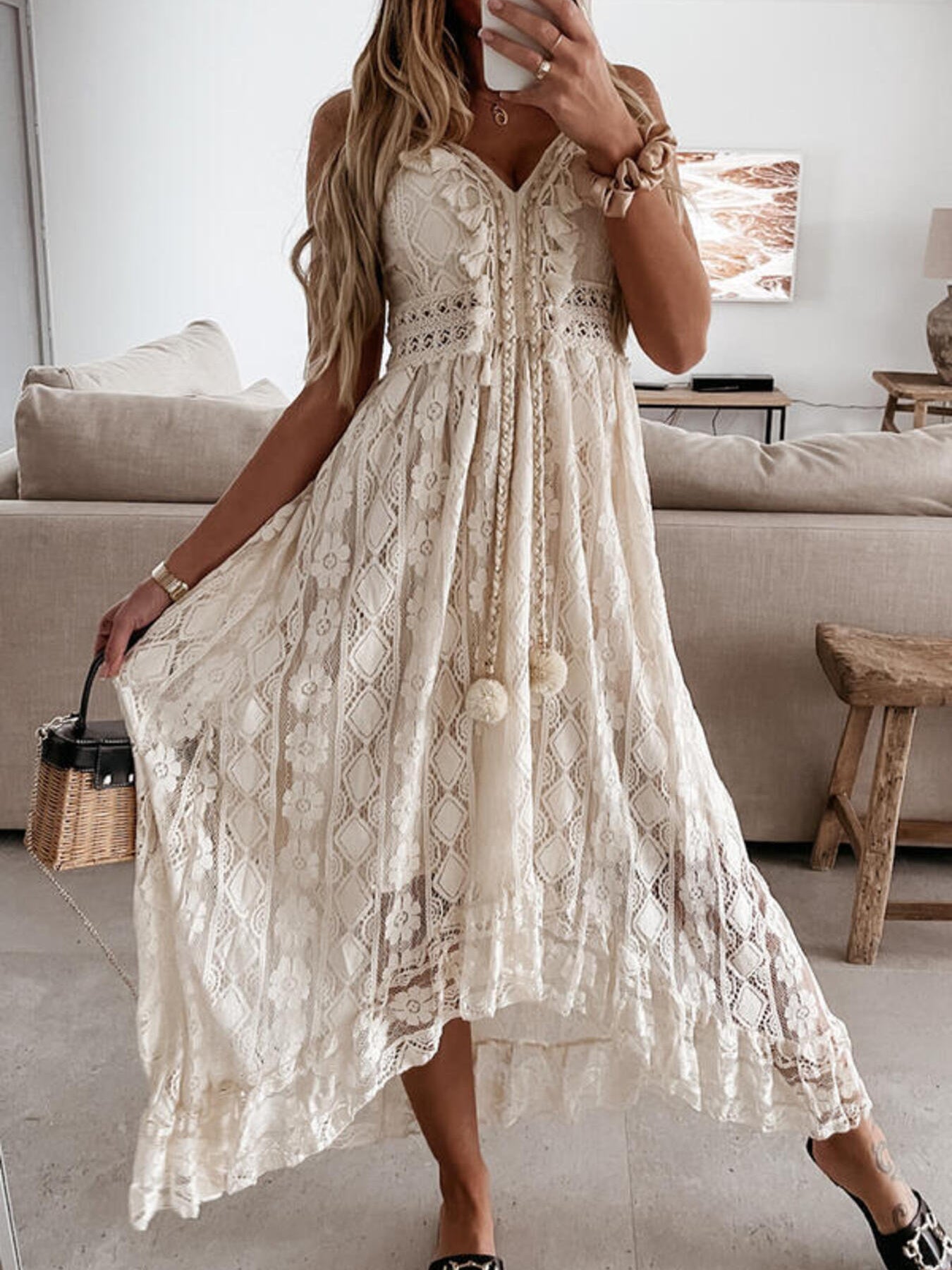 Plus Size Full-Length Ruffled Lace V-Neck Maxi Dress