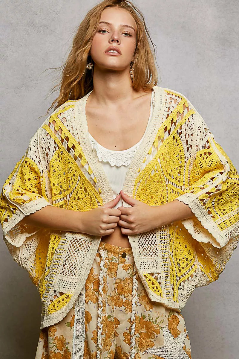 POL Crochet Cardigan Yellow Multi Open Front with Scalloped Edge YELLOW MULTI One Size 07781c92-0794-4fc5-a855-b555e7dc3064-Max-Origin Trendsi