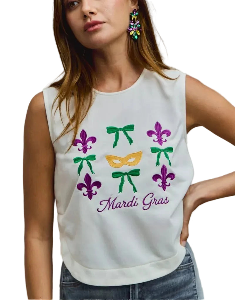 SO ME Mardi Gras Fleur De Lis And Ribbon Embroidered Top