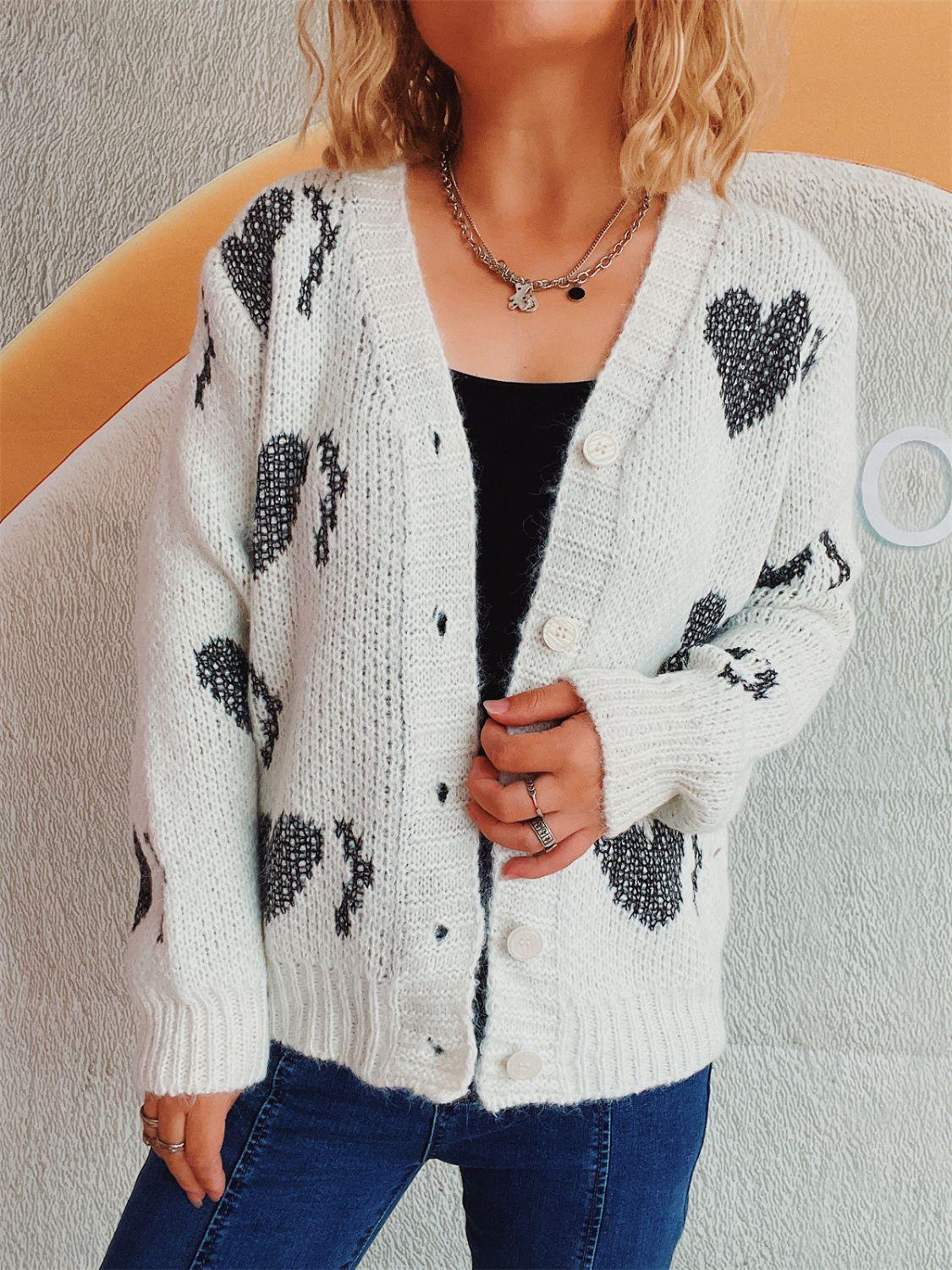 Heart Cardigan Button Up Long Sleeve Knitwear White One Size
