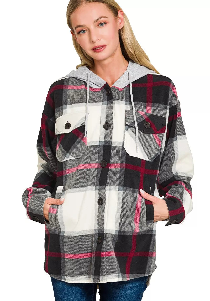 Zenana Plaid Drawstring Hooded Fleece Shacket