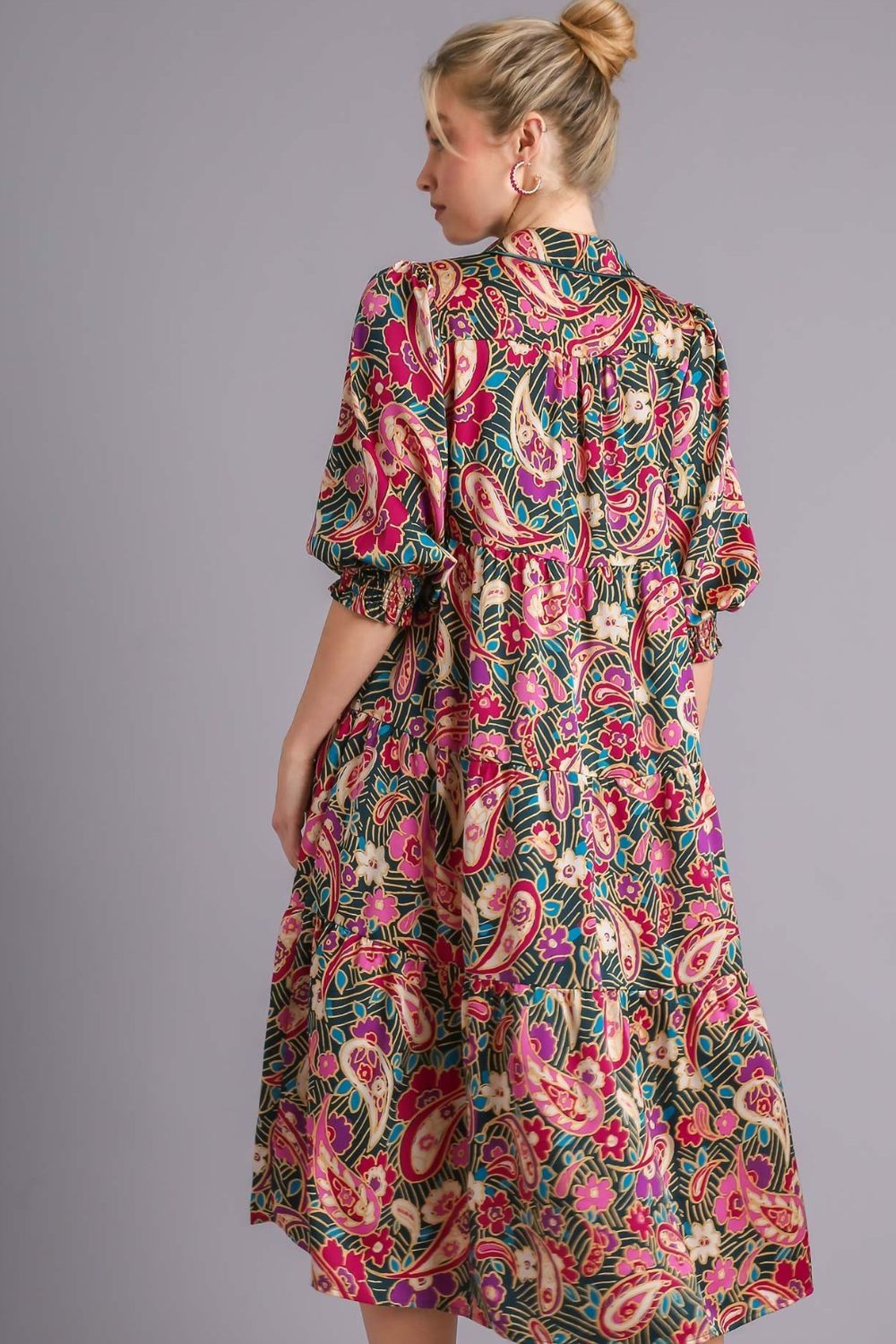 Umgee Satin Midi Dress Colorful Paisley Print Tiered Short Sleeve 078c5f96-43d0-4d1b-9dac-017e73c1ca7d-Max Trendsi