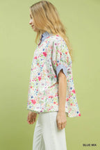 Umgee Womens Shirt Jacquard Blue Floral Mix Print Short Sleeve Top 078dbb17-6004-4e1d-a04f-1ec749bf1a7c-Max-Origin Trendsi