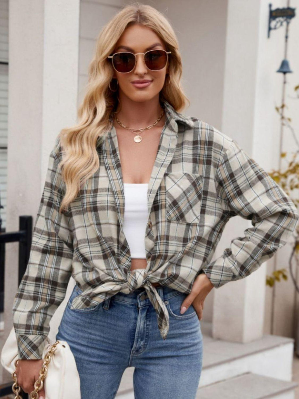Pocketed Plaid Shirt Collared Neck Long Sleeve Button up Khaki 07926bbf-c423-4fe9-81dd-e9ca8eeea179-Max Trendsi