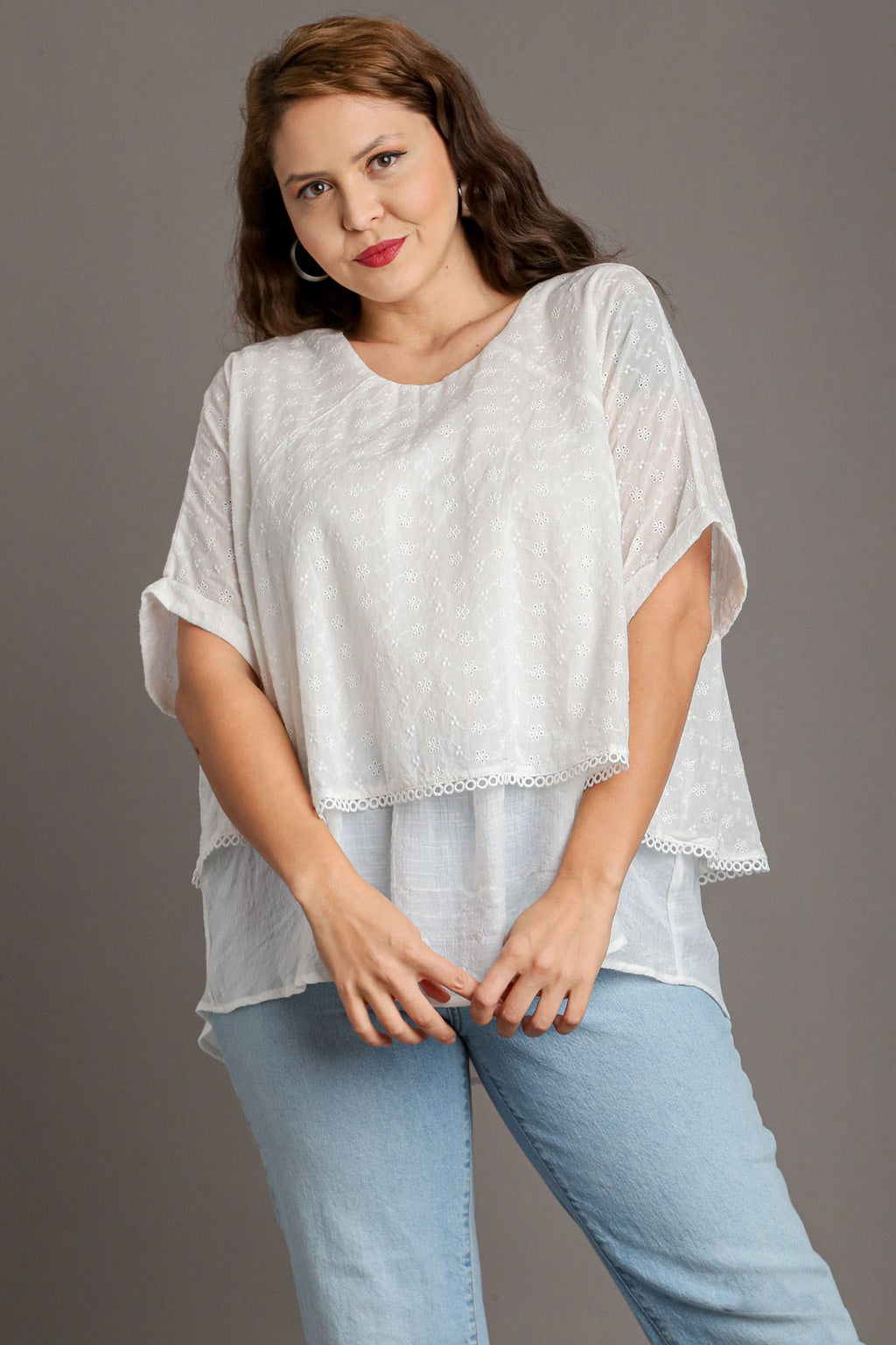 Umgee Blouse White Eyelet Layered Cotton Short Sleeve Top 0795bf1a-be73-49e0-a4ed-ad59586ff07b-Max Trendsi