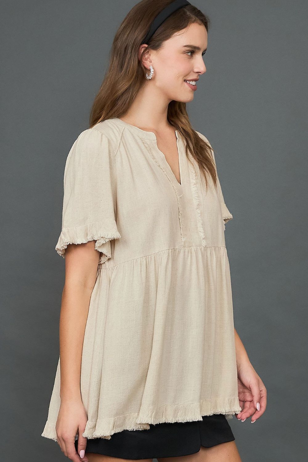 Umgee Babydoll Linen Blouse Raw Hem Notched Short Sleeve Oatmeal 07985024-989b-4df3-9876-f057f171a8fe-Max Trendsi