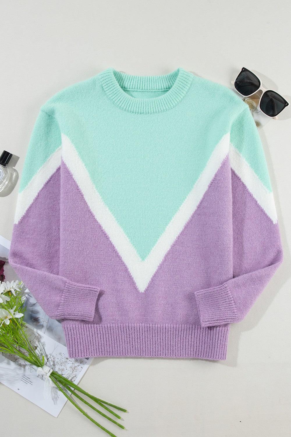 Contrast Sweater Round Neck Dropped Shoulder Long Sleeve Knitwear 079a4e77-975f-43cd-9f57-0ec862ee7197-Max Trendsi