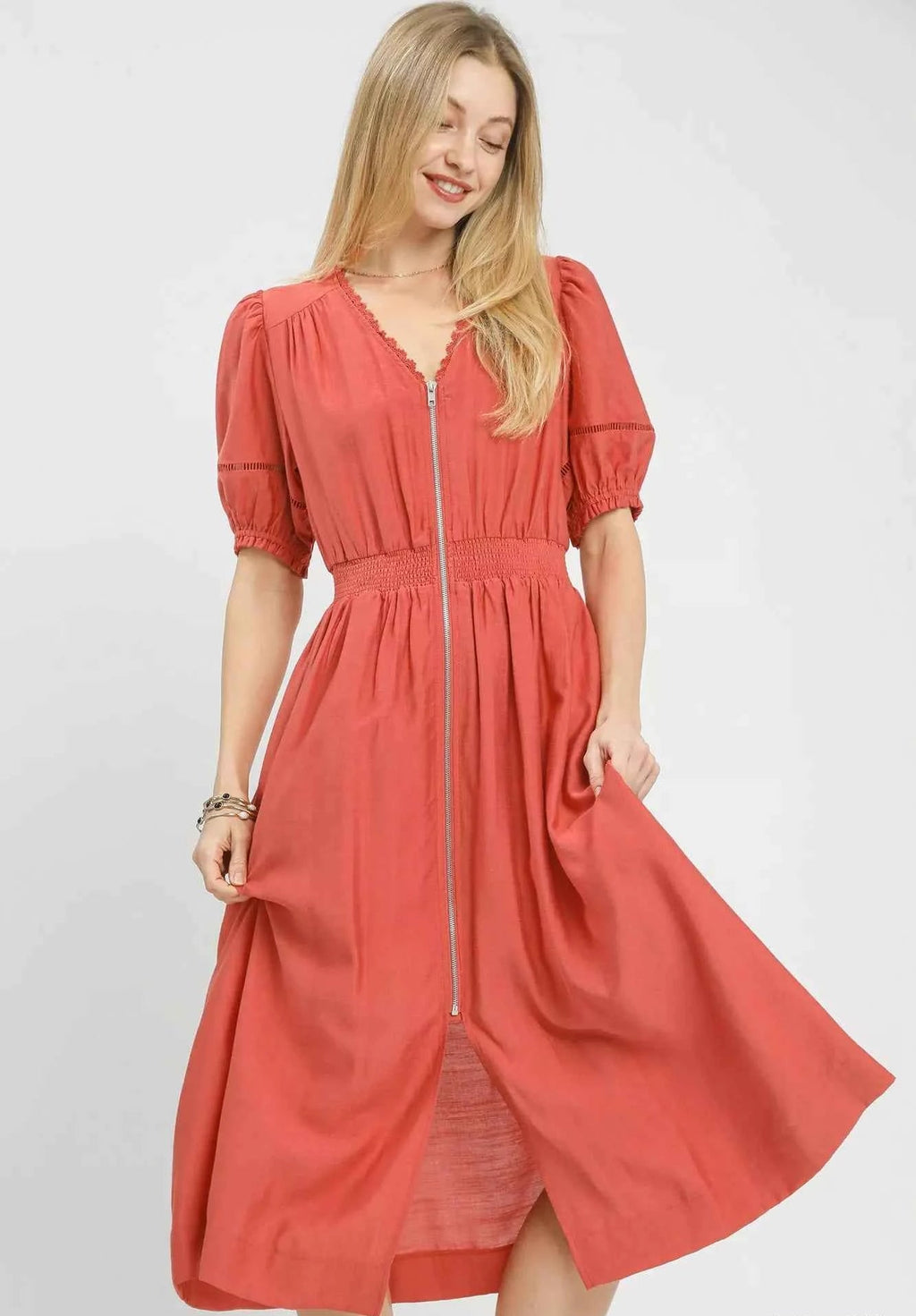 Umgee Midi Dress Orange Zip-Front Smocked Waist Short Puff Sleeves SALMON 079a5280-6758-4df4-a90b-6f6796eb3ebe-Max-Origin Trendsi