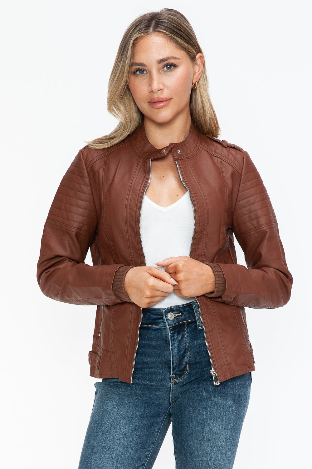 Snobbish PU Leather Women Jacket Brandy Biker with Side Zip Pockets