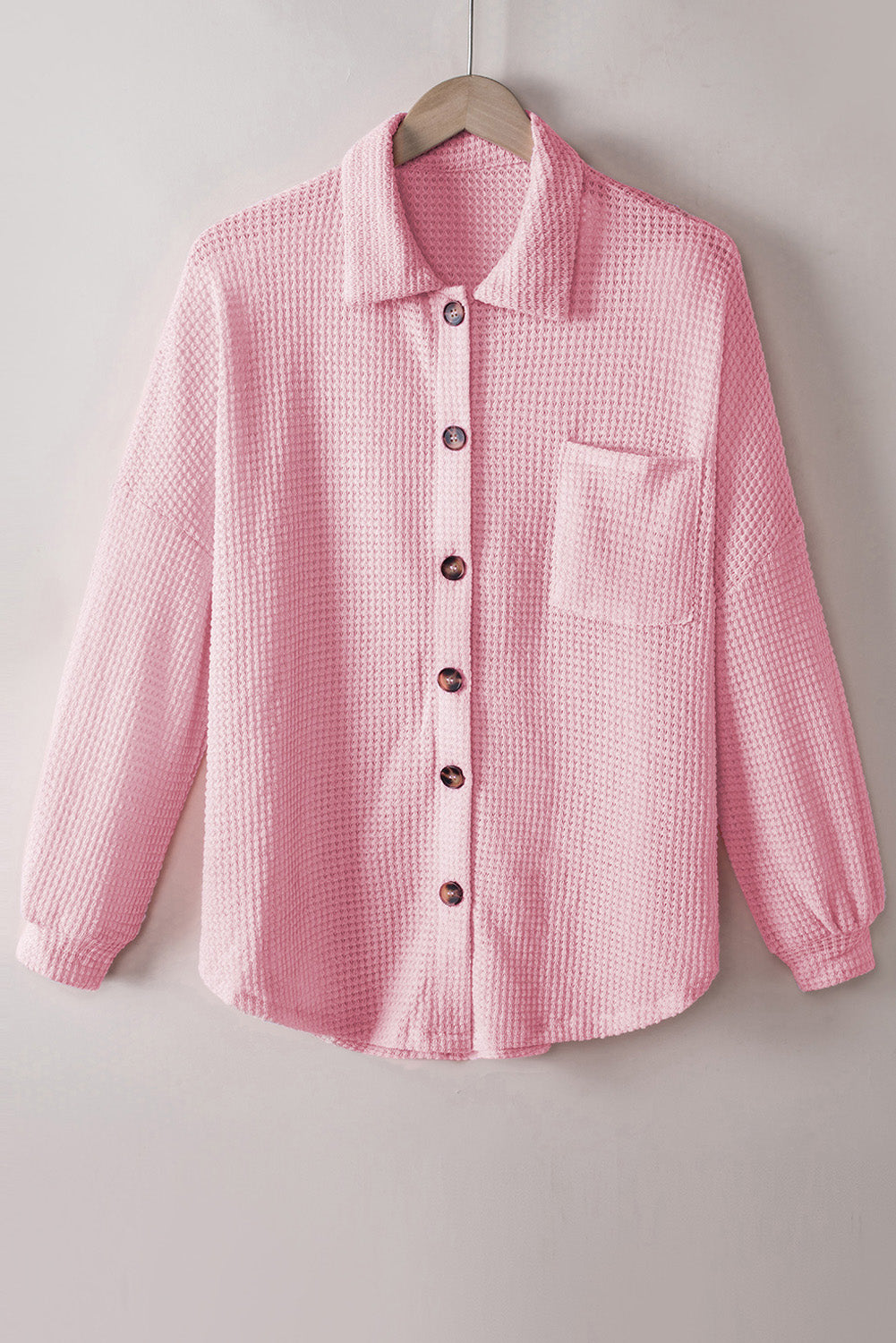 Waffle-Knit Women Shirt Collared Neck Long Sleeve Pocketed Single Breasted 07a199b1-30f1-42d9-92b3-00038a8c0091-Max Trendsi