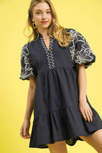 Umgee Mini Dress Cotton Dark Gray Tiered Embroidered Puff Short Sleeve Dark Gray 07b4055b-915e-4f2e-85c6-37a95cb55fa0-Max-Origin Trendsi