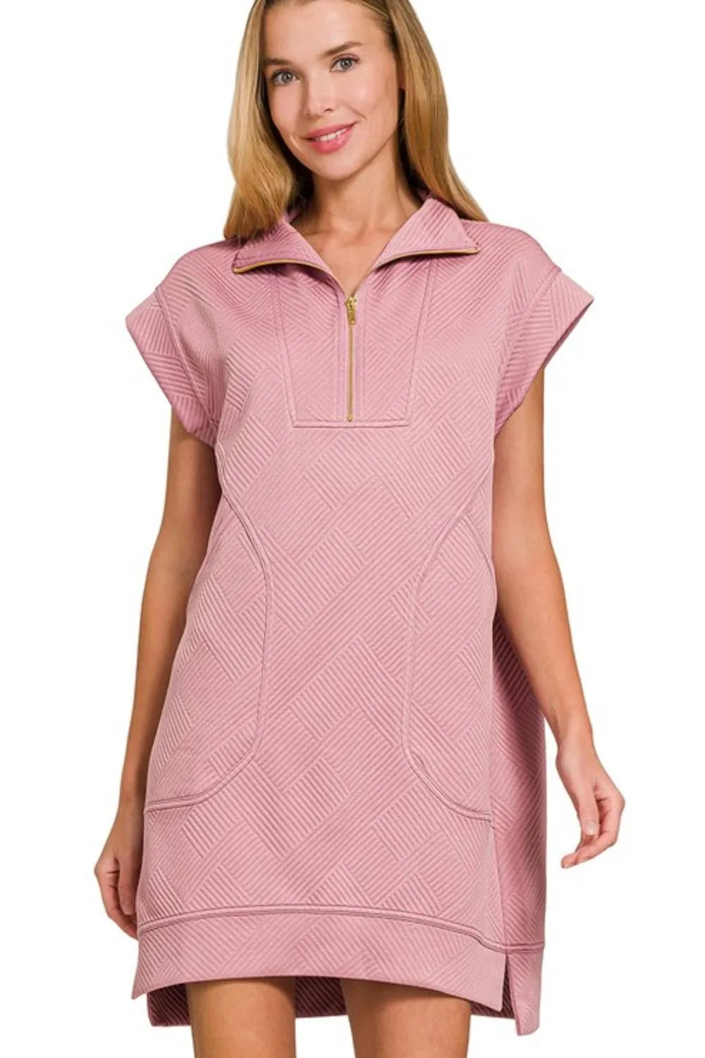 Zenana Mini Dress Textured Knit Jacquard Light Rose Quarter Zipper Oversized LT ROSE 07b58347-53c5-4df4-9b4a-e4e28b4a171e-Max-Origin Trendsi