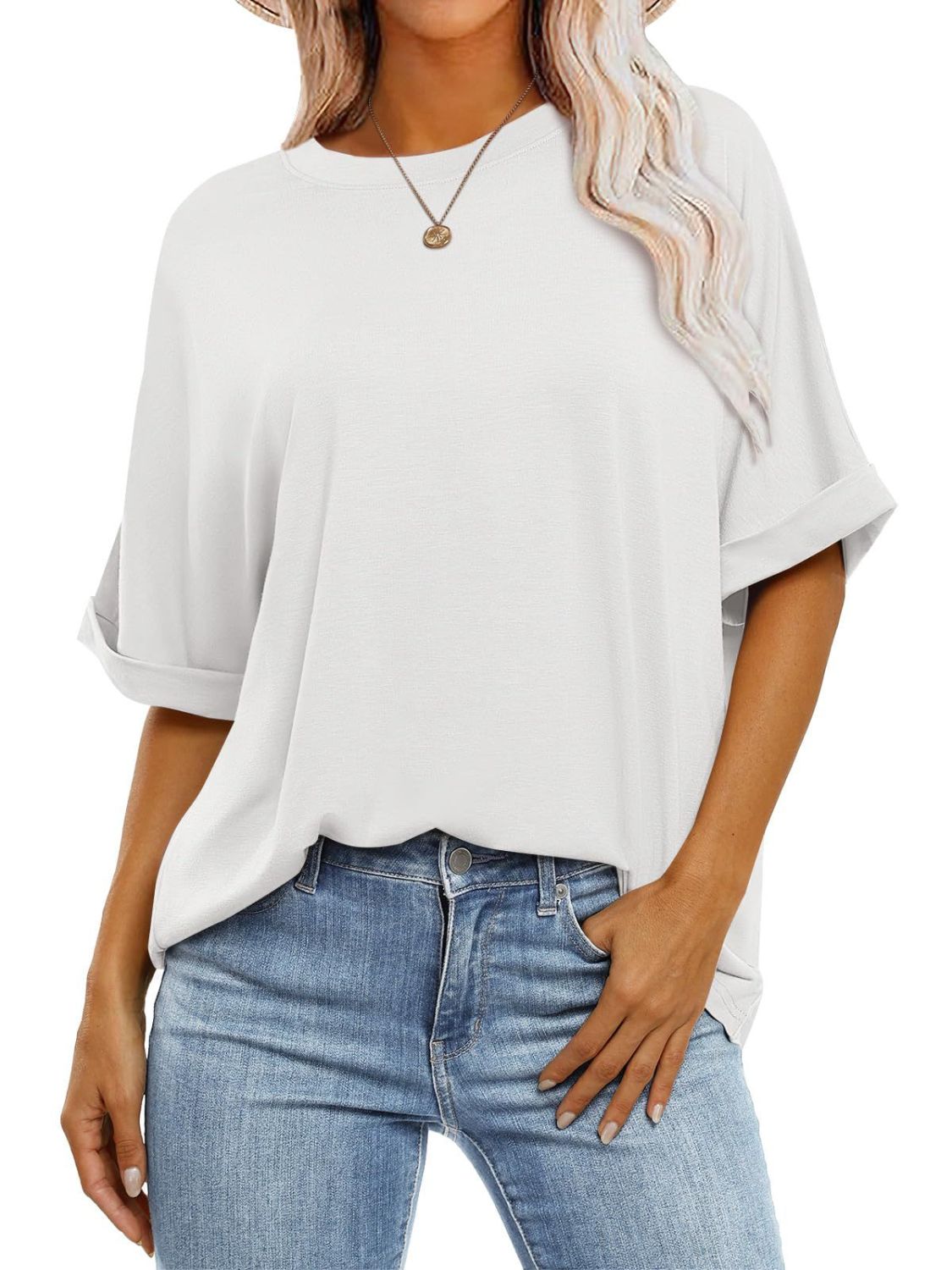 Women T-Shirt Round Neck Half Sleeve Oversized Cotton Blend Basic Style 07b64cdd-0b5d-40e1-83bf-44a17cfe98f1-Max Trendsi