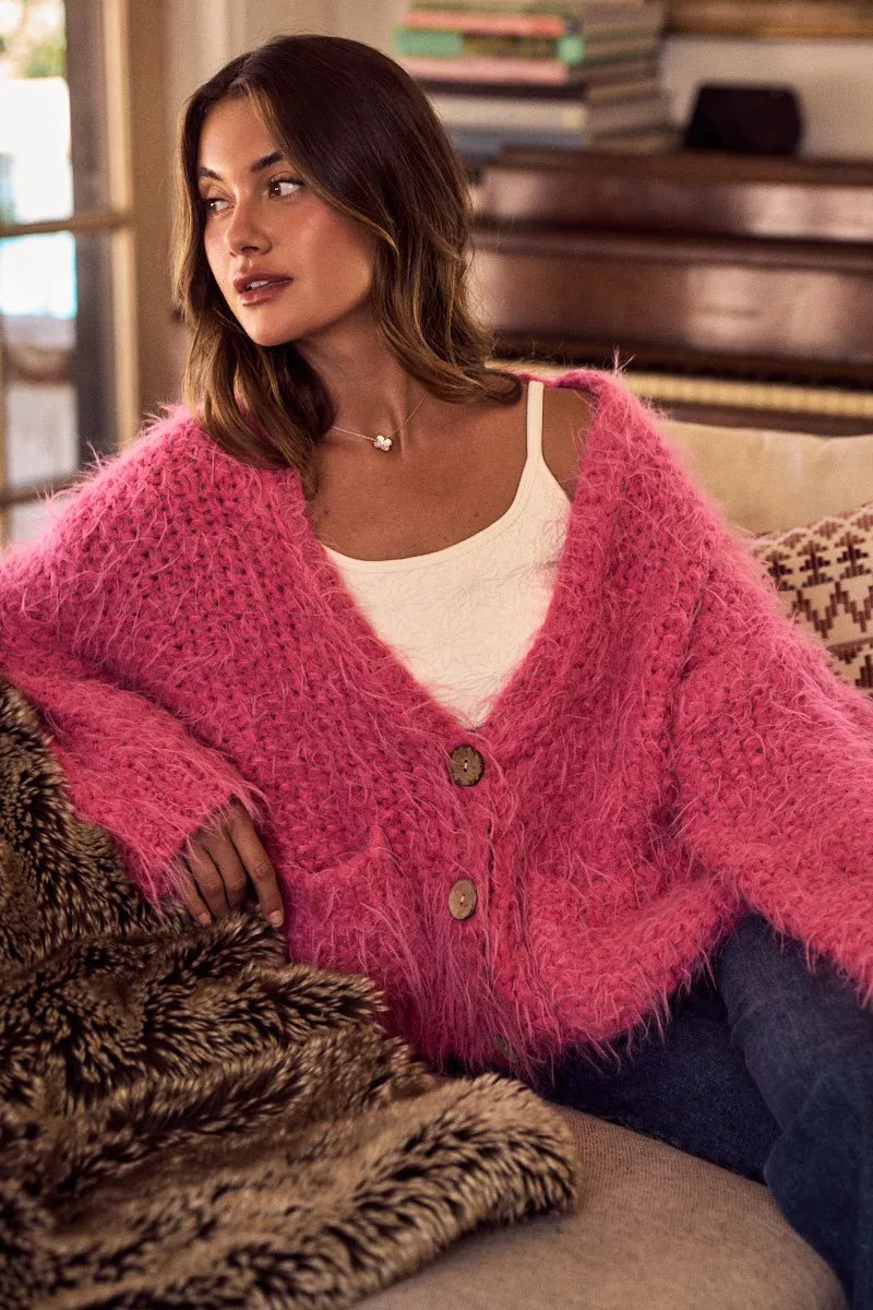 SO ME Womens Cardigan Pink Soft Touch Hairy Loose Fit Cozy Sweater 07b84ce2520143d49784e306ec4a31f2-Max-Origin Trendsi