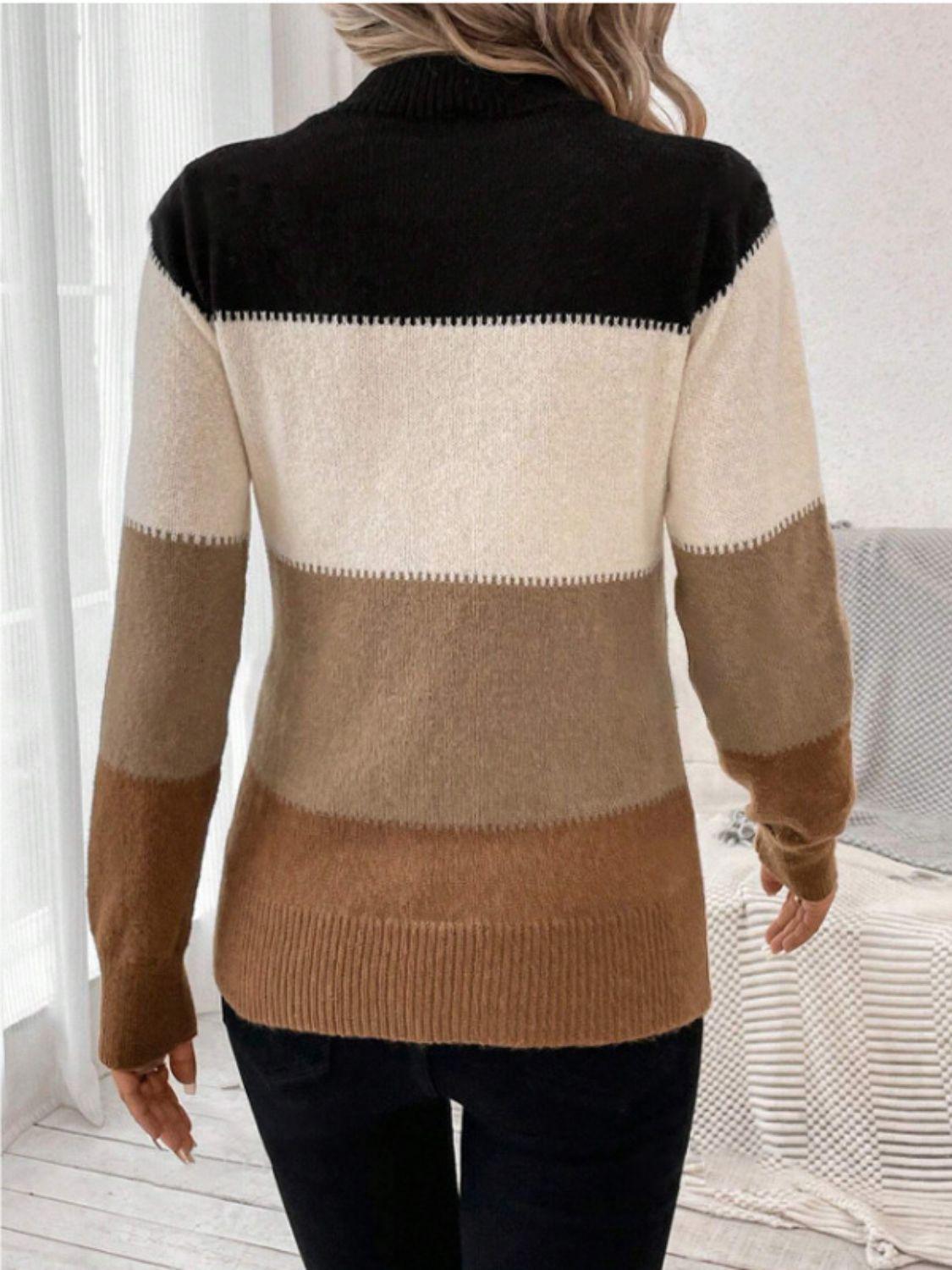 Striped Sweater Color Block Mock Neck Long Sleeve Soft Knitwear 07bfcd9e-1602-40db-abcc-c7a678154e63-Max Trendsi