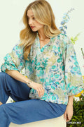 Umgee Watercolor Floral Blouse with Flounce Sleeves