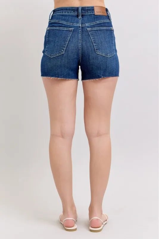 Judy Blue Denim Shorts High Waist Criss-Cross Waistband Dark Blue 07e58485b337495881f6aba77ede16c6-Max-Origin Trendsi