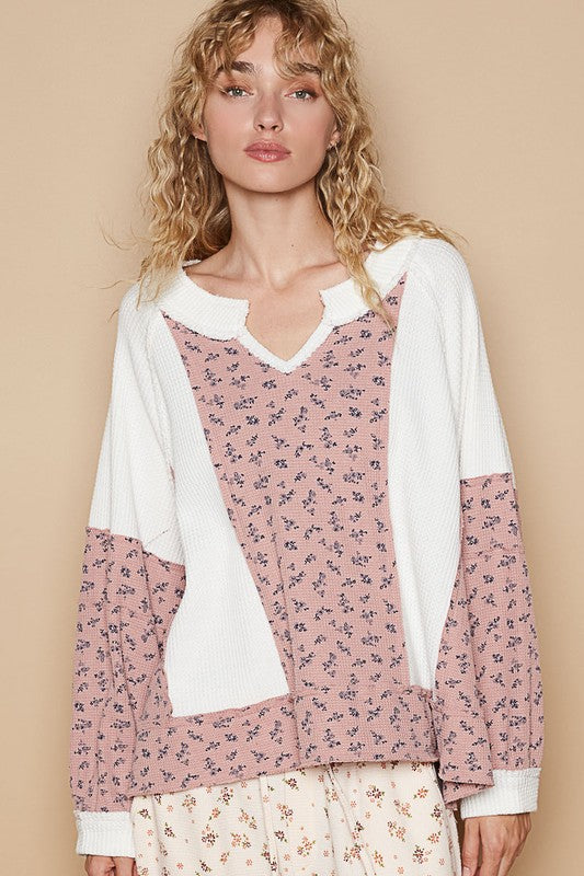 POL Waffle Knit Women Top Floral White Cotton Blend Long Sleeve Oversized 07fa3416-d384-4f7a-8f0f-0716ae859294-Max Trendsi
