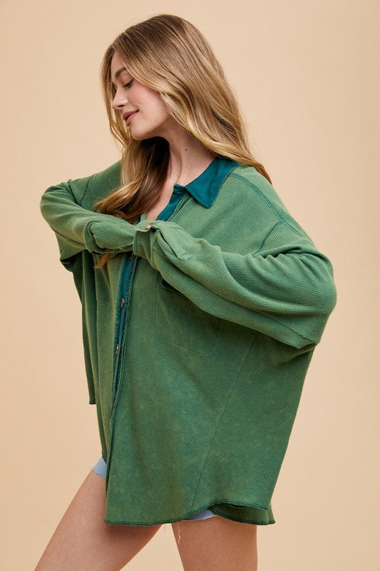 Women's Shirt Waffle-Knit Mineral Washed Button Down - Dark Green Annie Wear USA 07fac6aa-6e49-4f8b-9a09-9a020aac8c79-Max Trendsi