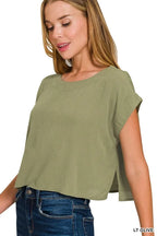 Zenana Crop Tee and Skirt Set Woven Crinkle Gauze Light Olive Two-piece 08004afeea92434190666be59a9db0cc-Max-Origin Trendsi