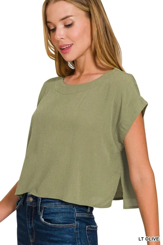 Zenana Crop Tee and Skirt Set Woven Crinkle Gauze Light Olive Two-piece 08004afeea92434190666be59a9db0cc-Max-Origin Trendsi