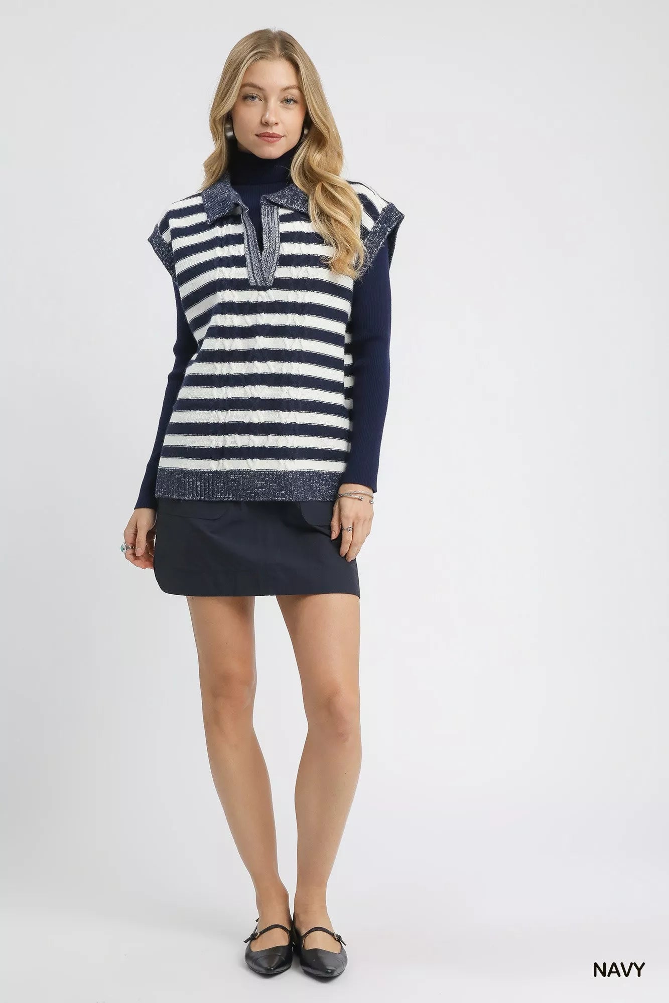 Umgee Womens Striped Vest Sweater Navy Cable Knit Collared 0800b50a-5107-47a7-a94a-6ae23d54c8e6-Max-Origin Trendsi